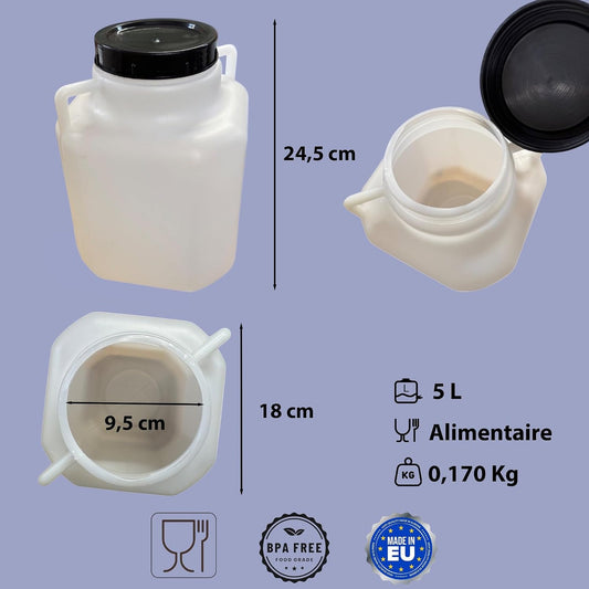 Bidon plastique 5 L — Large ouverture — Stockage alimentaire et eau potable — Haute résistance et étanchéité