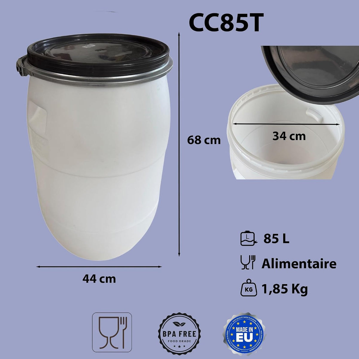 Bidon plastique 85 L avec couvercle amovible – Fût blanc grand volume