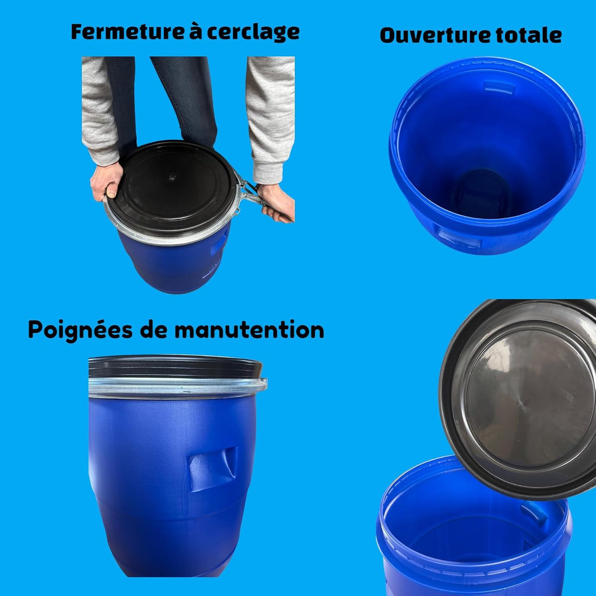 Bidon plastique 85 L avec couvercle amovible – Fût blanc grand volume