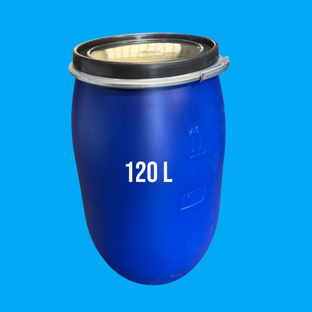 Fût plastique 120 L bleu de face