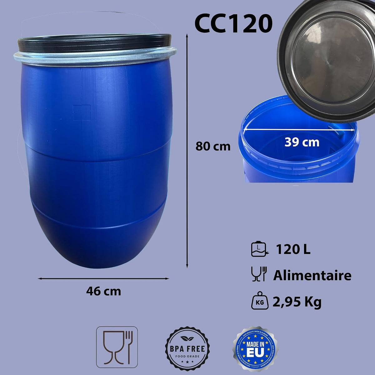 Fût plastique 120 L dimensions Ø 46 × H 80 cm, ouverture Ø 39 cm