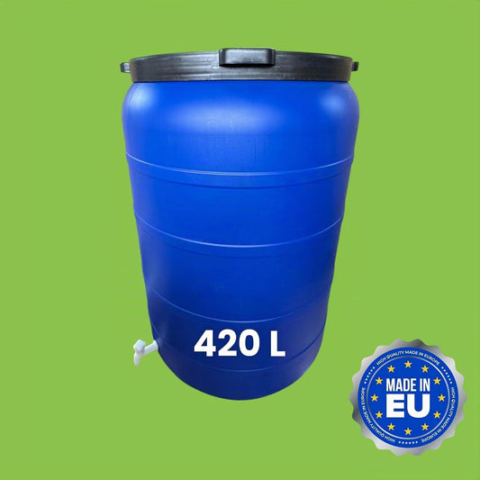 Fût plastique 420 L – Couvercle à visser et robinet – Stockage eau, aliments et liquides