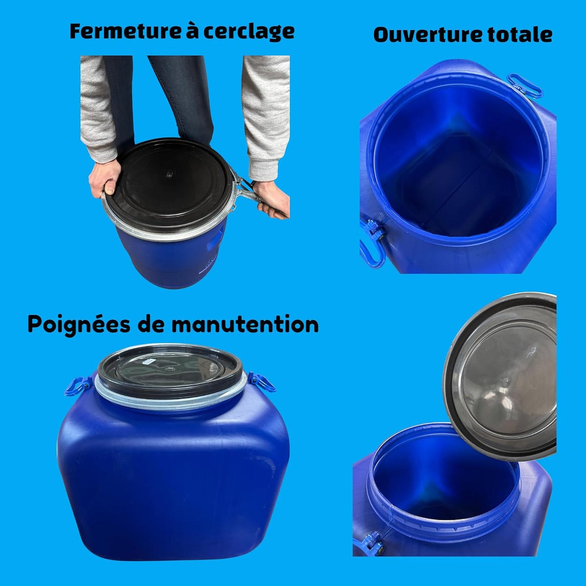 Fût plastique 60 L fermeture à cerclage, ouverture totale, poignées