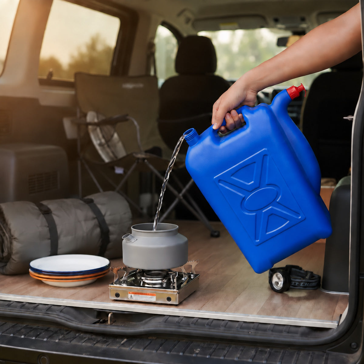 Jerrican 40 L avec bec verseur pour remplir une bouilloire dans un van aménagé