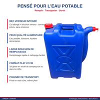 Atouts du jerrican 40 L : bec verseur, bouchon de remplissage, poignée