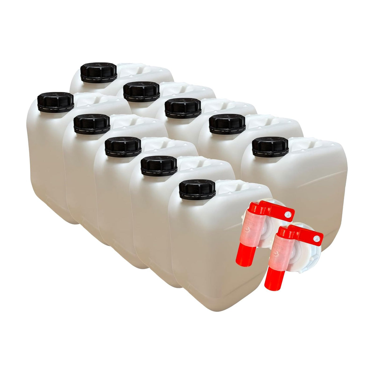 Lot de 10 Jerricans 5 L avec bouchon étanche et 2 robinets verseurs – Bidons plastiques PEHD alimentaires et techniques