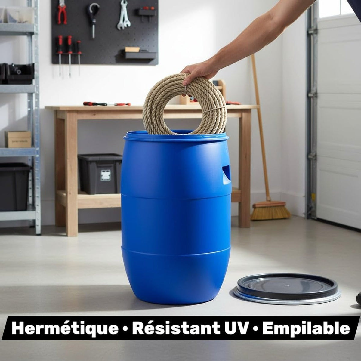 Lot de 2 fûts plastiques 60 L avec couvercle amovible et cerclage