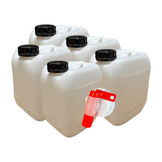 Lot de 5 jerricans plastiques 10 L avec bouchon étanche et 1 robinet verseur