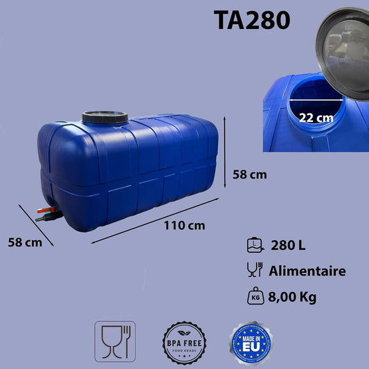 Réservoir eau potable 280 L bleu – Filetage 3/4" intégré avec vanne de vidange – Fabriqué en UE